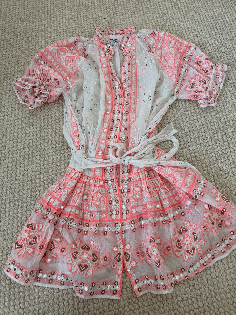 Juliet Dunn Embroidered Pink & White Boho Beach Dress